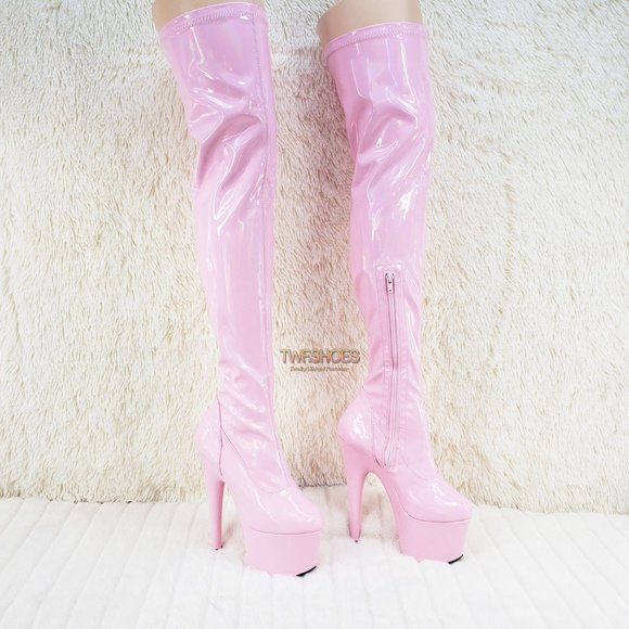 Sexy Thigh High Platform Boots Baby Pink Hologram - Picture 4 of 9